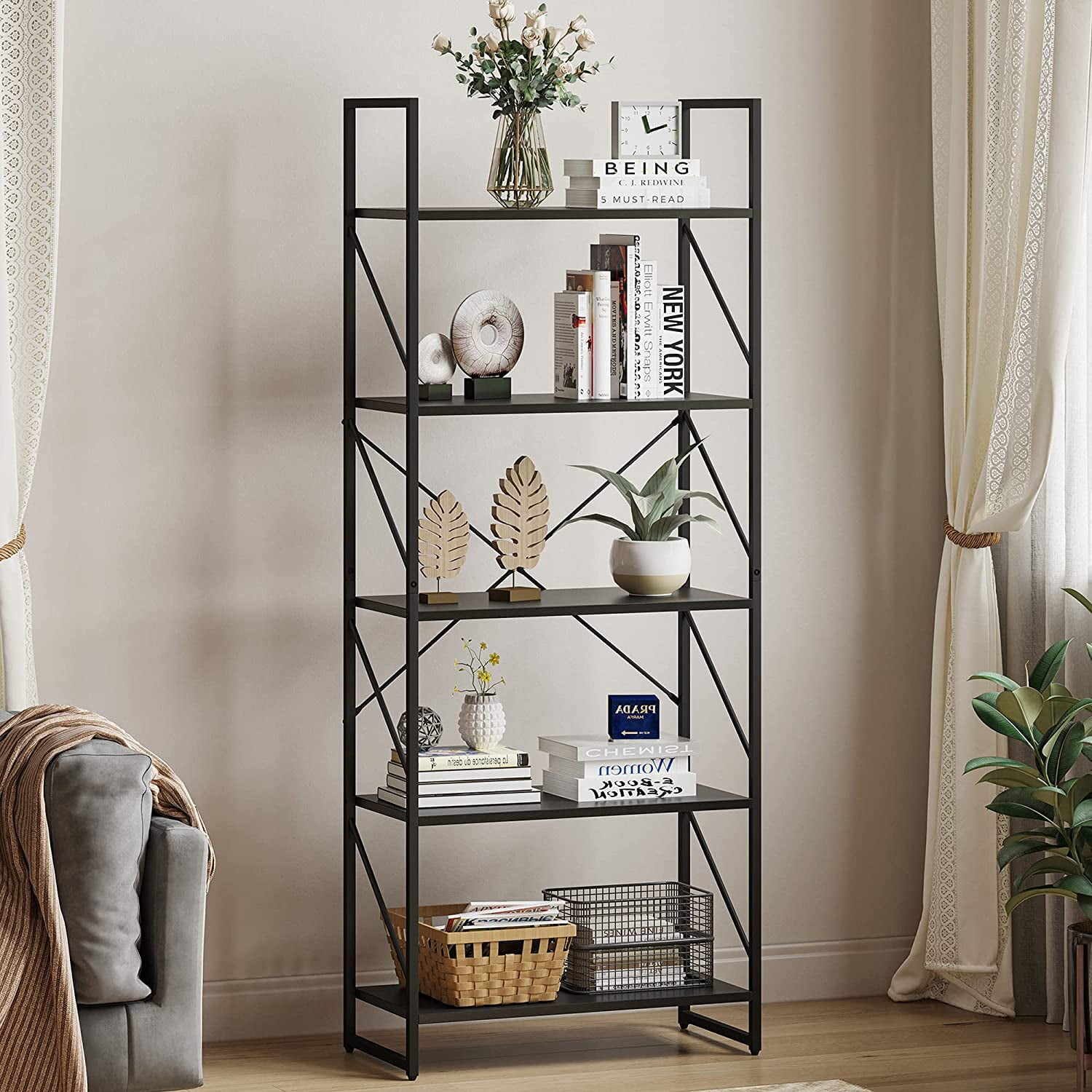 Dextrus 5Tier Bookcase Storage Shelves, 65 in Ladder Bookshelf