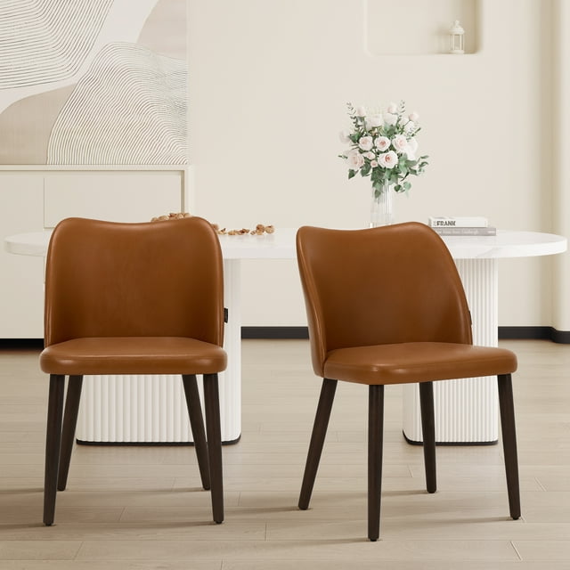 MALOL Upholstered Dining Chairs Set of 2, Modern Dining Room Kitchen Chairs with Wood Legs, PU Leather, Light Brown