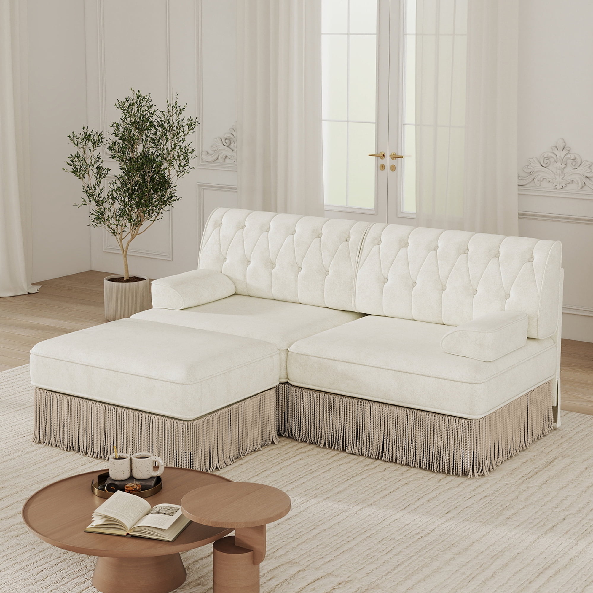 MAYEERTY L-Shaped Modular Sectional Sofa, Tufted Couch with Tassel Fringe Skirt & Ottoman, Wooden Base for Living Room Bedroom