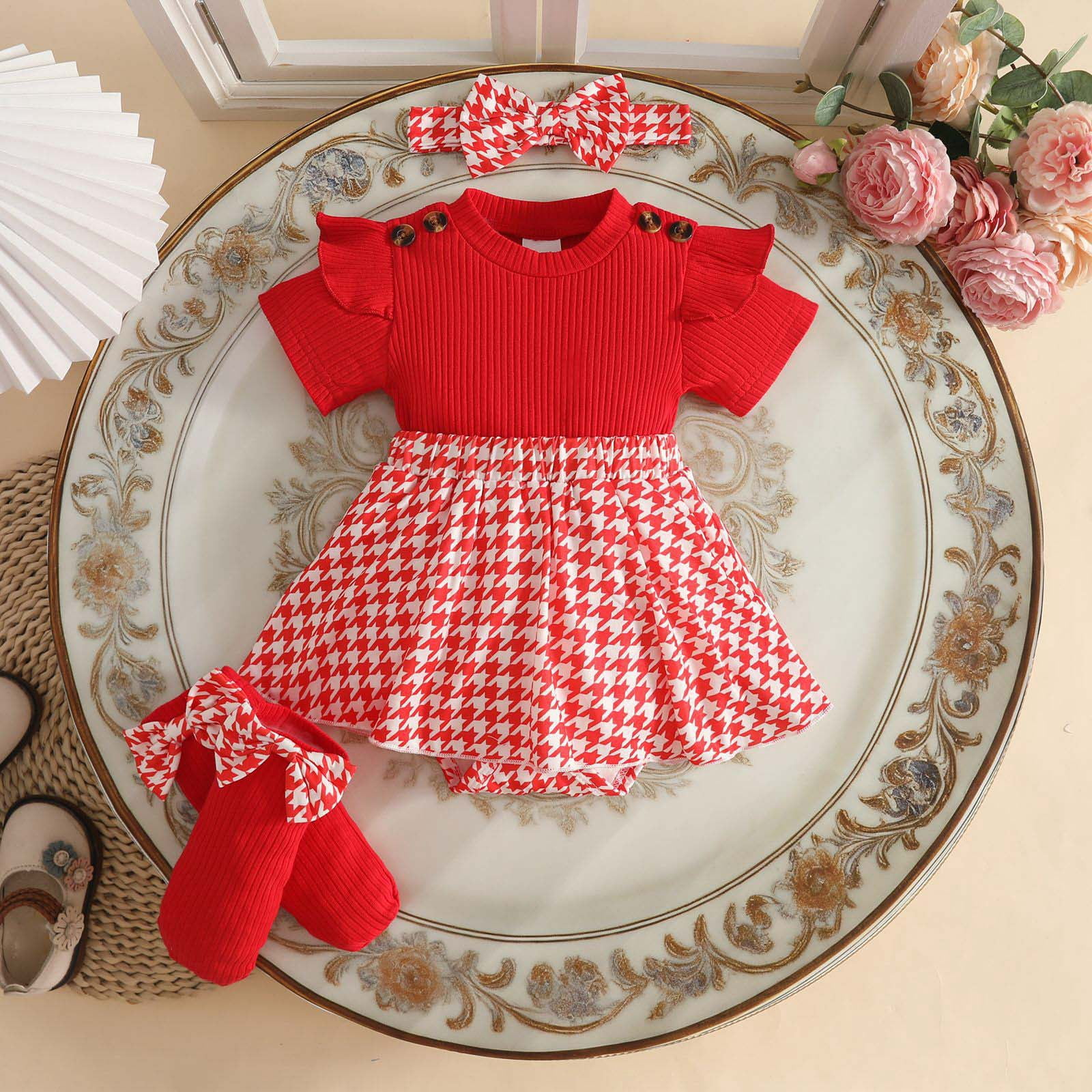 Faraee Newborn Baby Girl Clothes Smocked Bubble Romper Dress Socks Headband Cute Summer Infant Girls 3 Piece Outfits (6-9 Months,Red)