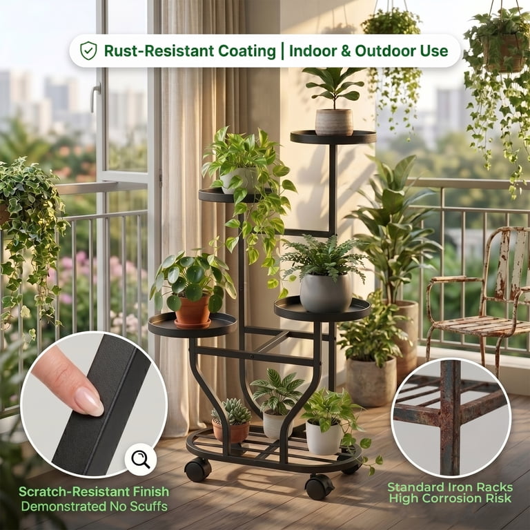 5-Tier Rolling Metal Plant Stand with Lockable Wheels photo 3