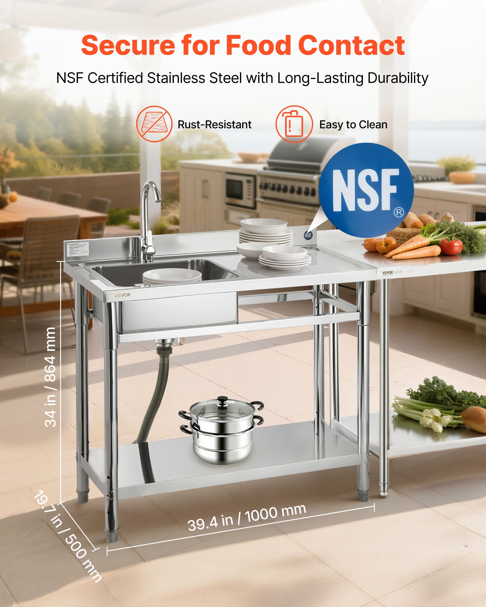 VEVOR Stainless Steel Utility Sink, Free Standing Single Bowl Commercial Kitchen Sink with Faucet, 39.4 x 19.7 x 37 in, Utility Right Basin with Hot & Cold Water Pipe for Garage, Restaurant, Laundry