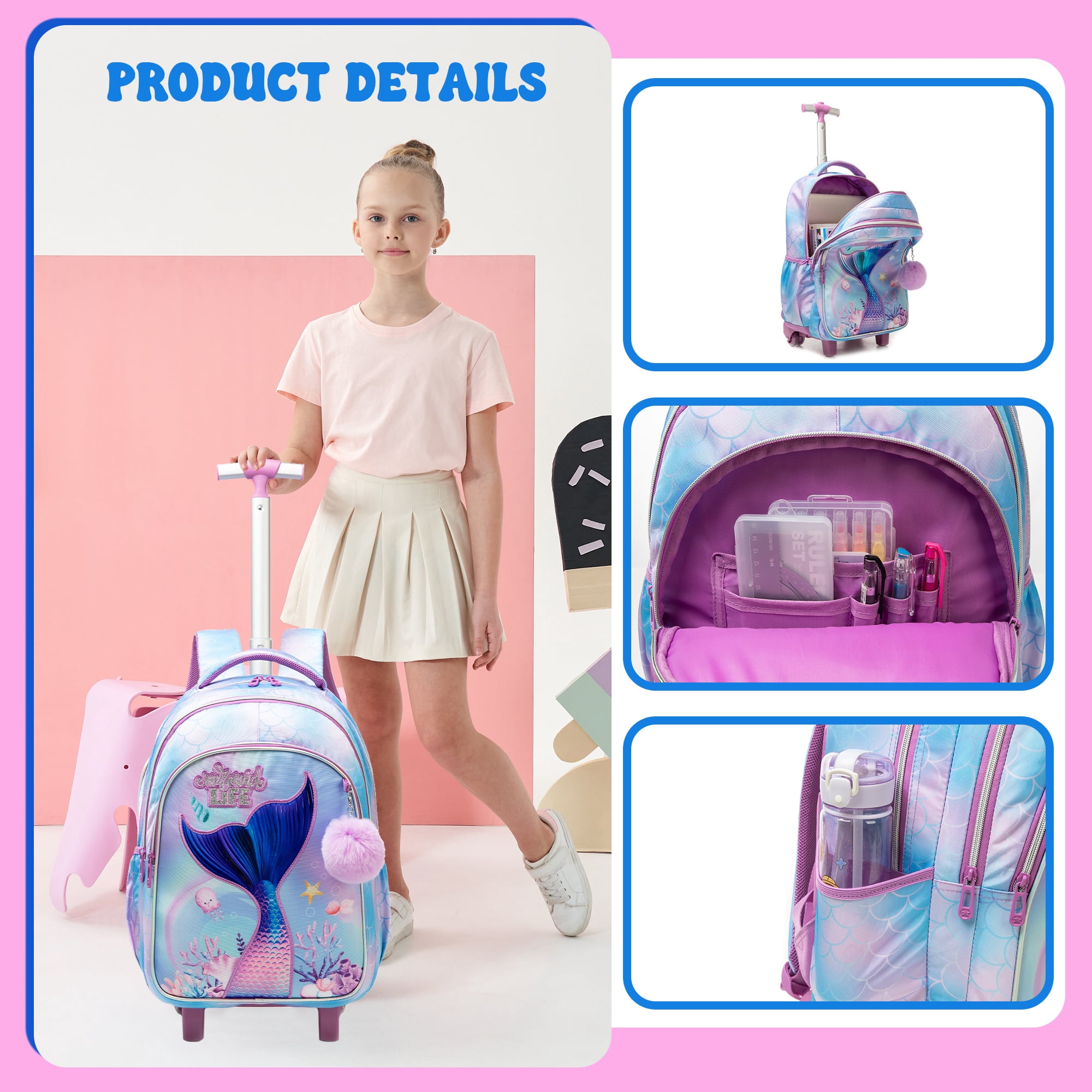 Kids Mermaid Rolling Backpack for School Girls,Backpack with Lunch Box Pencil Case for Elementary Students Ages 6-8
