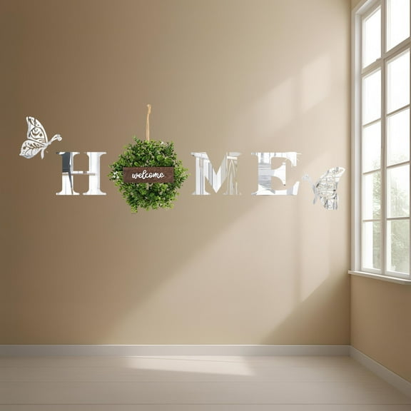 Silver Mirror Like Reflective Acrylic Home Letters Decor Home Sign Wall Stickers Featuring Money Star Bud Leaves Wreath with Wooden Welcome Sign