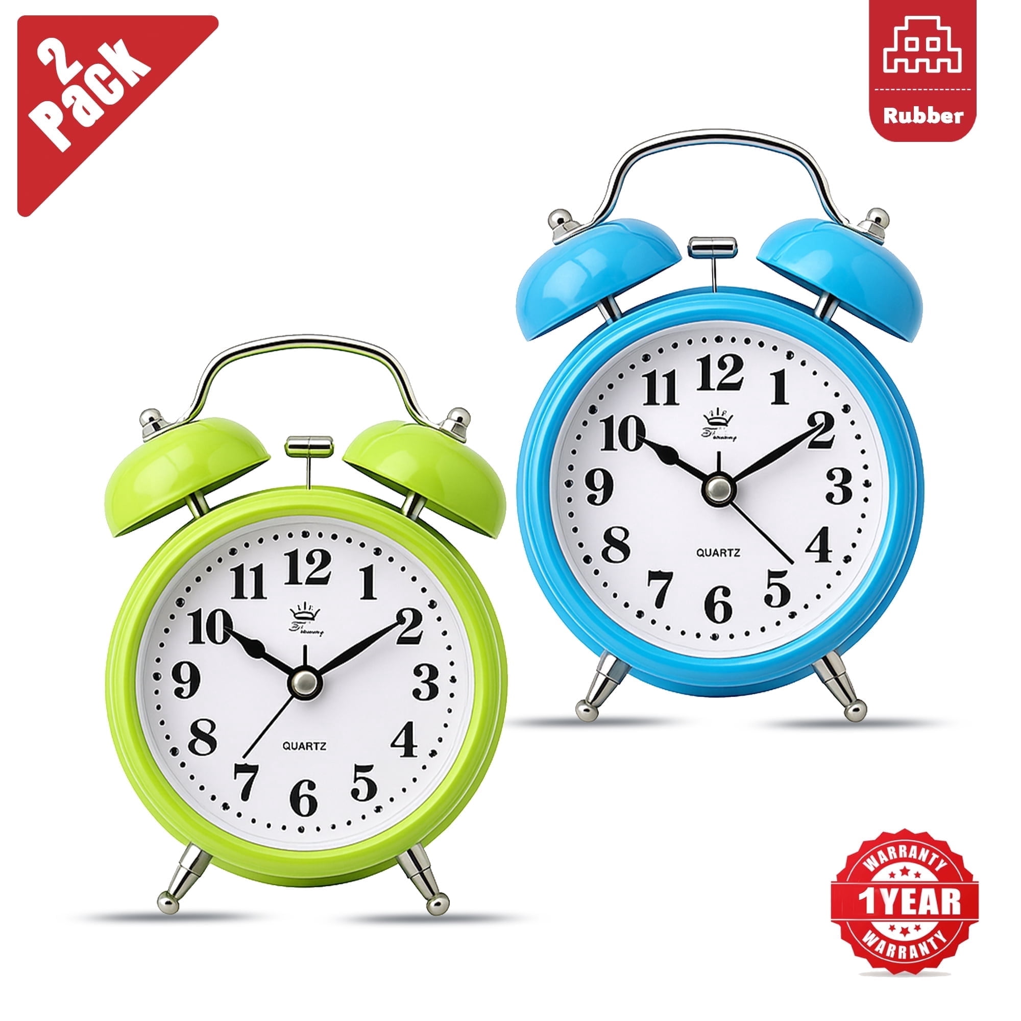 Gimlos Twin Bell Alarm Clocks, Loud 3 Inch Battery Analog with Night Light, Vintage Design (2 Pack)