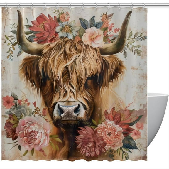 Farm Highland Cow Florals Shower Curtain Sets, Shower Curtain for Bathroom, Durable Waterproof Washable Bath Curtain with Hooks, 60X72in