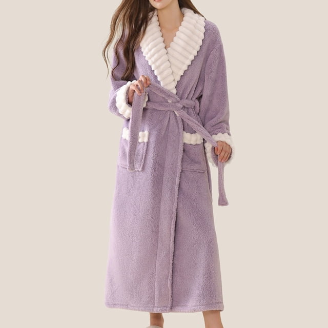 HongQid Womens Long Fleece Robe: Soft Fluffy Jacquard Warm V-neck Shawl Collar Sleepwear Bathrobe