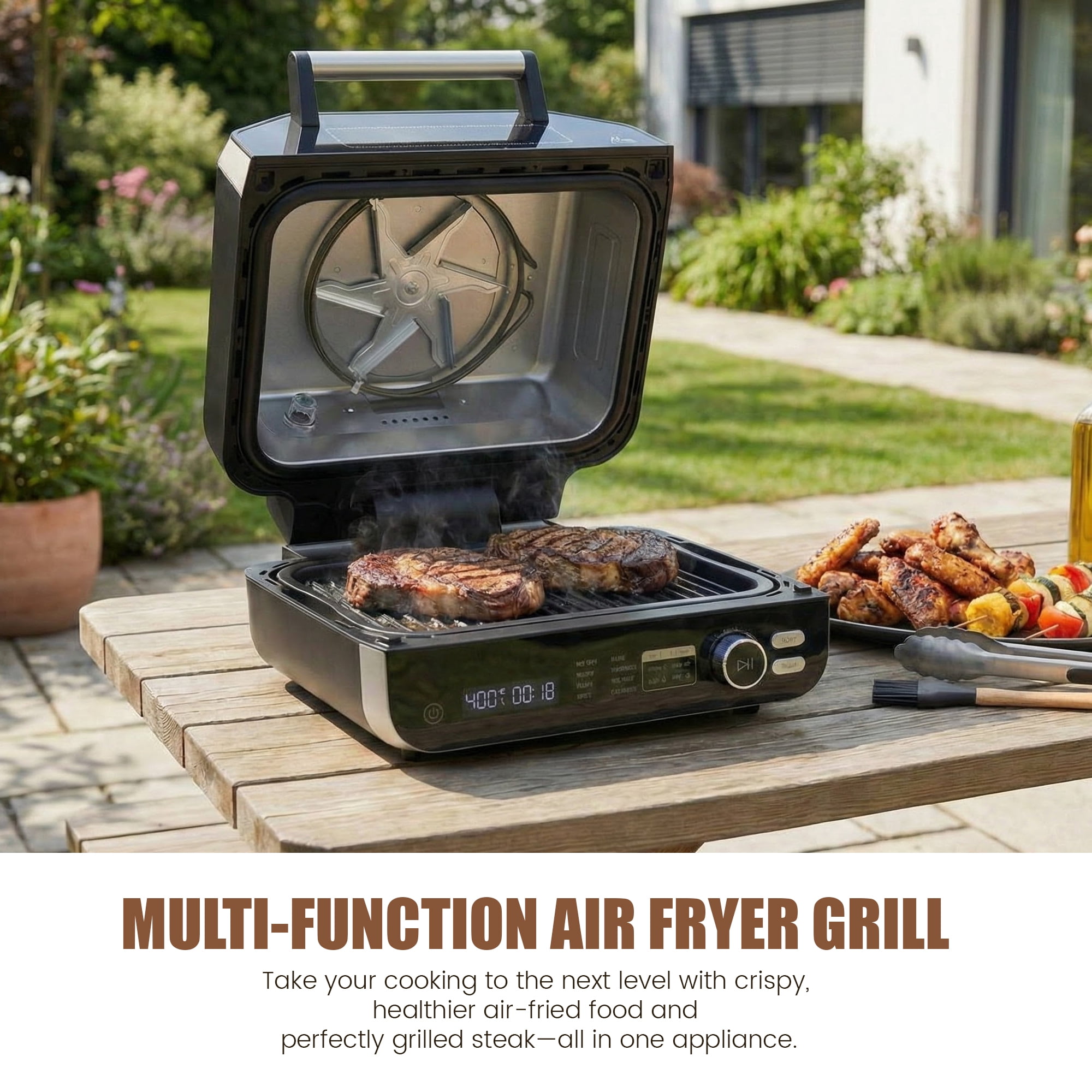 EDX Electric Air Fryer Grill Combo, 140ºF-450ºF Temperature Control, Multifunctional Steak Machine for BBQ Parties & Family Dinners, Black