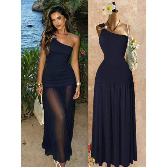Blue One-Shoulder Bodycon Maxi Dress With Metal Ring Detail