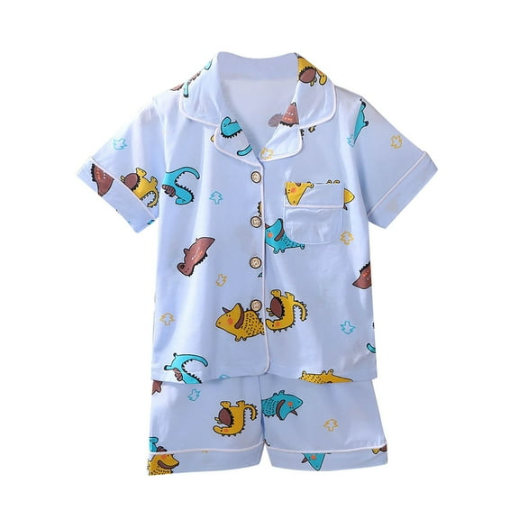 XXWXYD Kids Cooling Pajama Set Short Sleeve Cotton Sleepwear 2-Piece Button-Down Top & Shorts Air Conditioning Homewear Stretchy Elastic Waist
