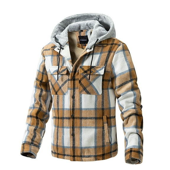 DDAPJ pyju Men's Flannel Shirt Jacket 2023 Clearance, Fleece Lined Plaid Shirts Long Sleeve Button Down Hoodie Coat Winter Warm Outwear with Multi Pockets Yellow XXL