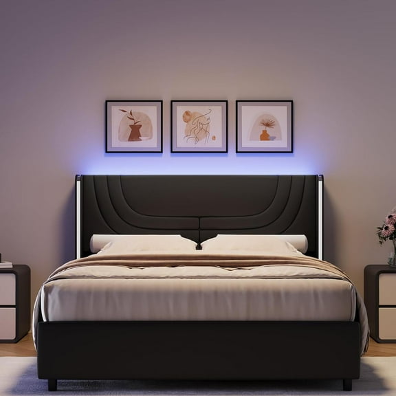 4 EVER WINNER Queen Size LED Bed Frame, Wingback Platform Bed with Upholstered Headboard, Black