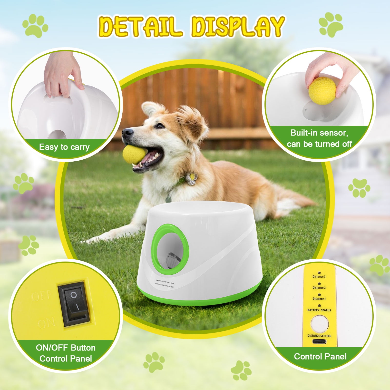 Eurhowing Automatic Ball Launcher for Dogs, Interactive Fetch Machine with 3-Level Distance(20-46ft) & 5 Balls, Dog Ball Thrower for Indoor & Outdoor Play, Yellow