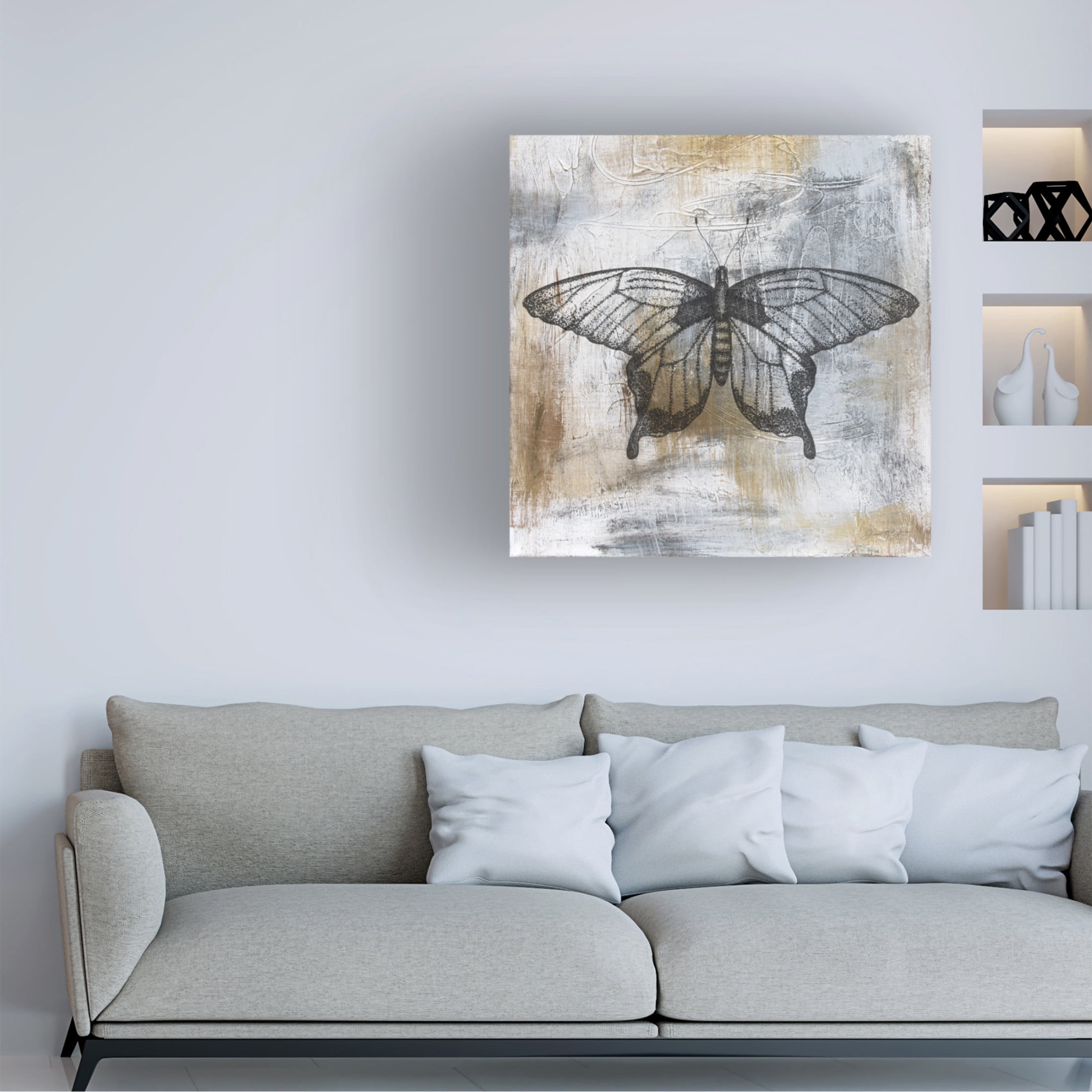 Canvas Wall Art - Jean Plout 'Gold And Grey Textures Butterfly A4' Wall Art for Living Room, Bedroom, or Office Décor by Trademark Fine Art - 24 x 24 Inches