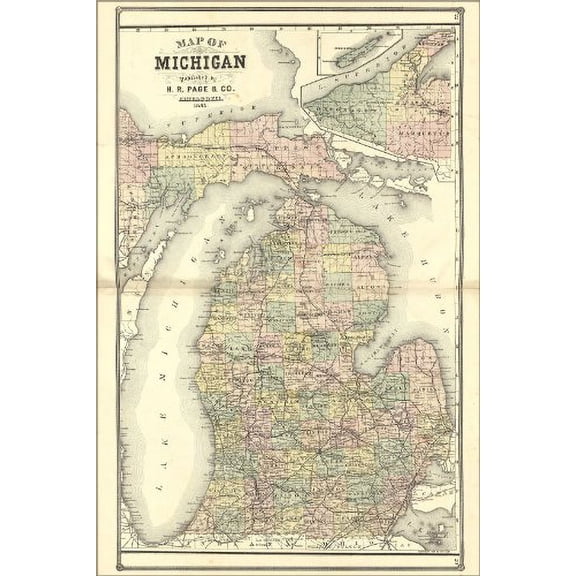 24x36 Poster; Map Of Michigan 1885; Antique Reprint