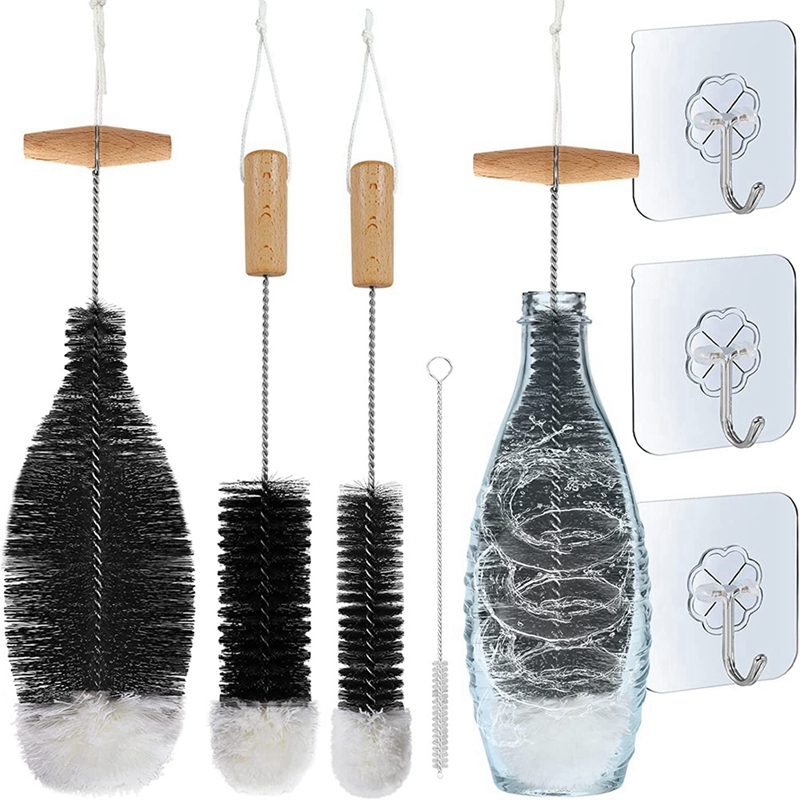 Bottle Brush Cleaning Brush, Pack of 4 Bottle Brushes and 3 Organising