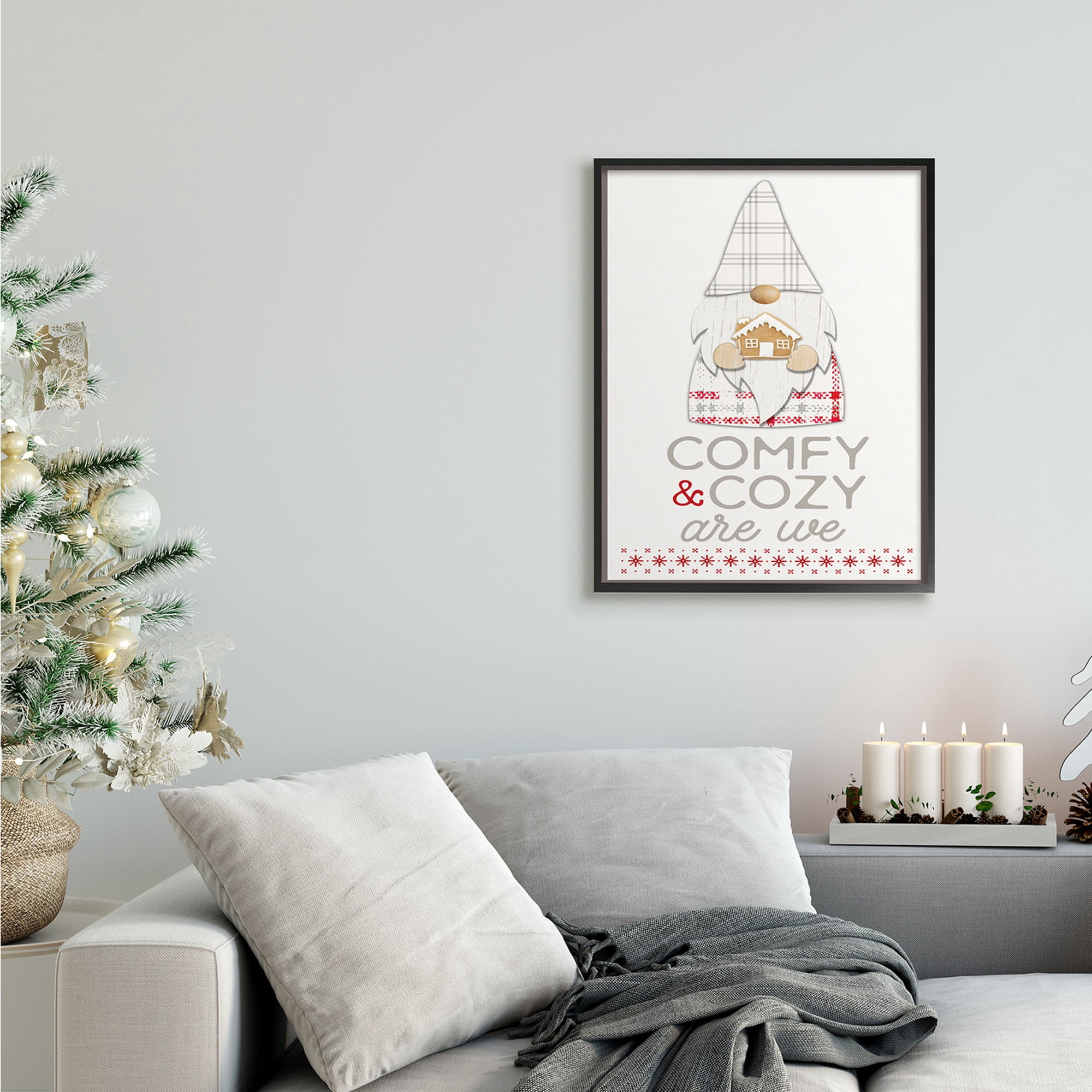 Stupell Industries Comfy and Cozy Phrase Red Plaid Christmas Gnome Fairy Tales & Fantasy Painting Black Framed Art Print Wall Art, 24 x 30