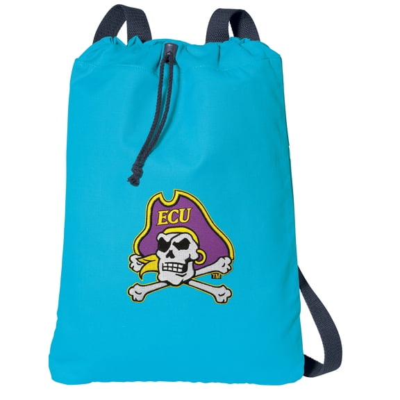 Canvas ECU Drawstring Backpack Aqua Natural Cotton East Carolina Cinch Bag with Wide Straps