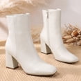 thumbnail image 4 of Pennysue Women's Square Toe Mid Calf Boots White Chunky Block Heel Ankle Booties Side Zipper Size 8M, 4 of 7
