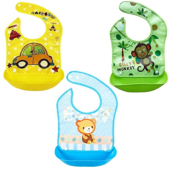 3 Pack - Baby & Toddler Waterproof Bib with Adjustable Detachable, 6-24 Months-Yellow car+Green monke+Blue beary