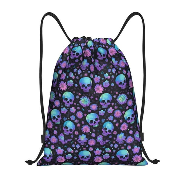 Fotbe purple Skull flower Bolsa Mochila con Cordón Estampada, Bolsa de Gimnasio Deportiva, Bolsa Cinch, Bolsa con Cordón para Hombres y Mujeres-Small
