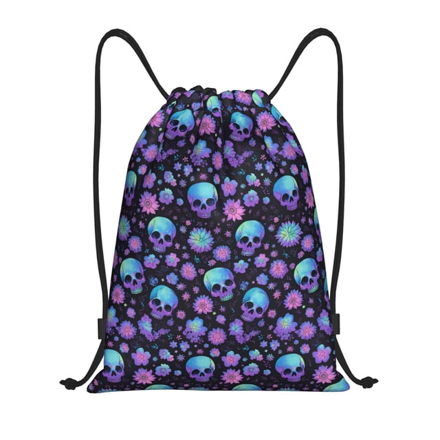 Xecao purple Skull flower Pattern Sports Drawstring Backpack - String Swim Gym Bag with Wet Proof Pocket for Women&Men-Medium