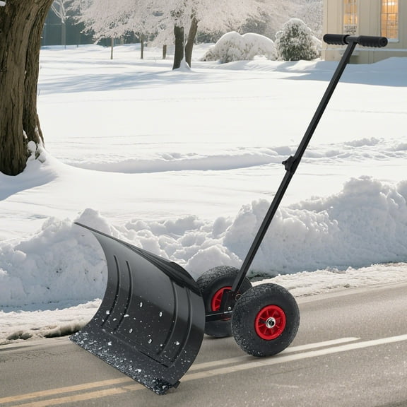 Heavy-Duty Steel Push Snow Shovel with Wheels, 29-Inch Wide Adjustable Blade & 5 Height Settings, Ergonomic Snow Plow for Easy Driveway & Sidewalk Clearing