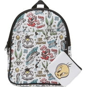 Looney Tunes All Over Print Faux Leather 10.5" Womens White Mini Backpack Purse 2-Piece Set