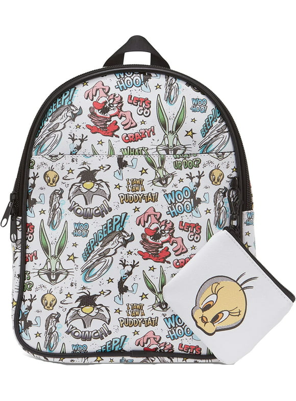 Looney Tunes All Over Print Faux Leather 10.5" Womens White Mini Backpack Purse 2-Piece Set