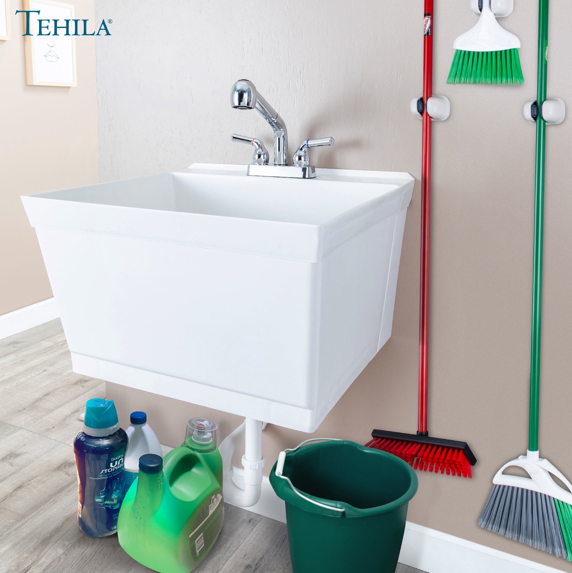Tehila Wall Mounted White Utility Sink with Chrome Finish Pull-out Faucet