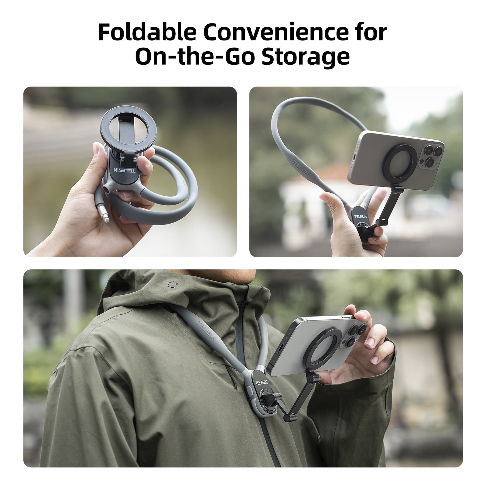 VIPQV Magnetic Neck Mount for Phones, Neck Cell Phone Holder POV/Vlog Selfie Mount Hand Free Phone Neck Holder Chest Stand Strap Video Recording for iPhone Android Phones, Gray
