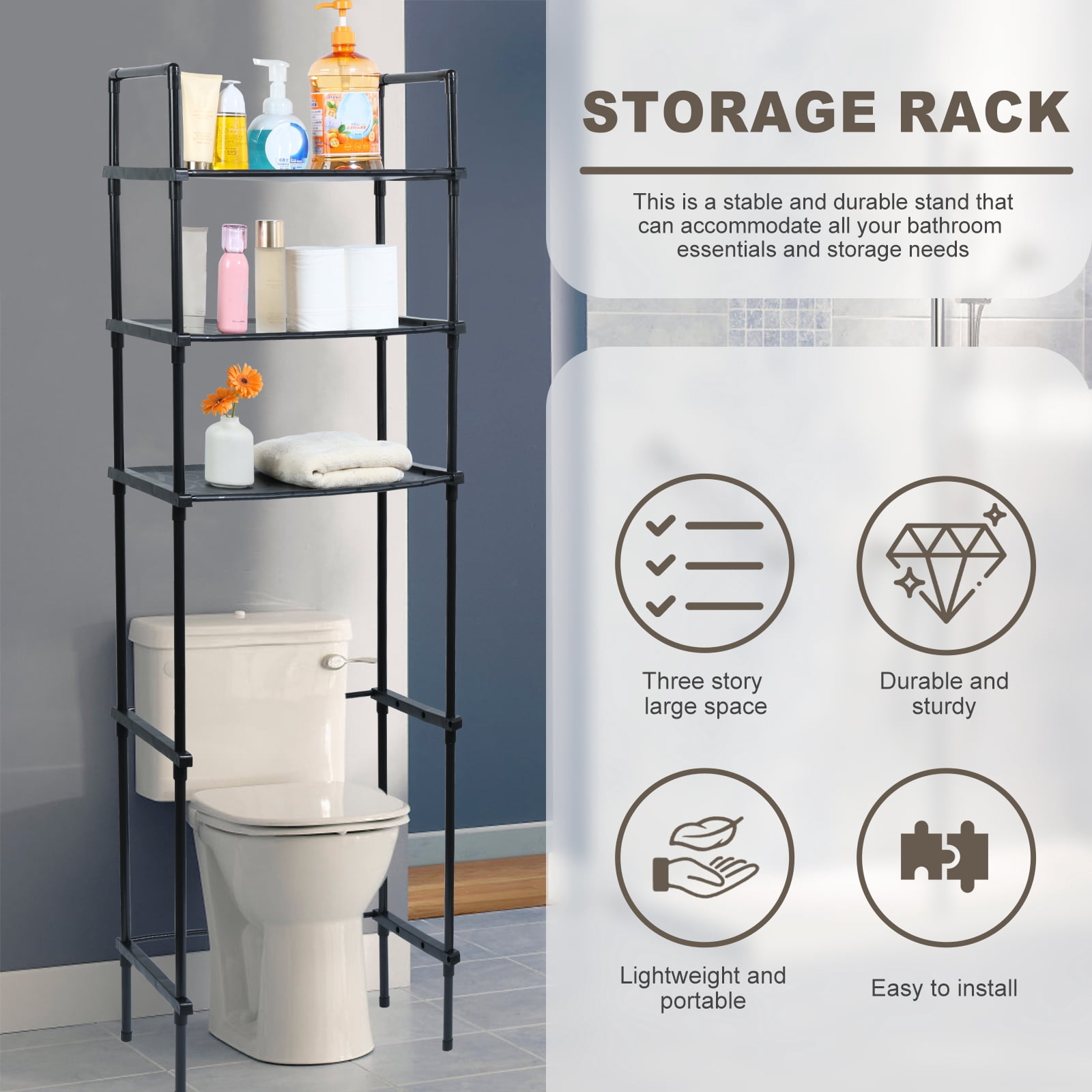 Dznils Over the Toilet Storage Shelf, 3-Tier Steel Bathroom Storage Organizer Space Saver, Black