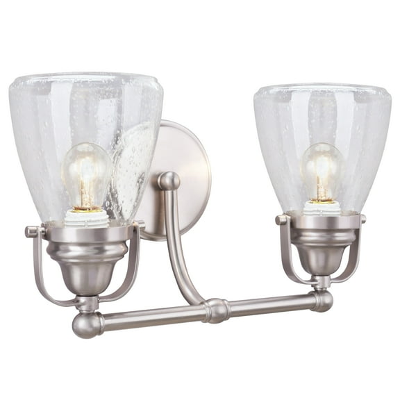 Aspen Creative 62098, Two-Light Metal Bathroom Vanity Wall Light Fixture, 15 3/4" Wide, Transitional Design in Brushed Nickel with Clear Seedy Glass Shade
