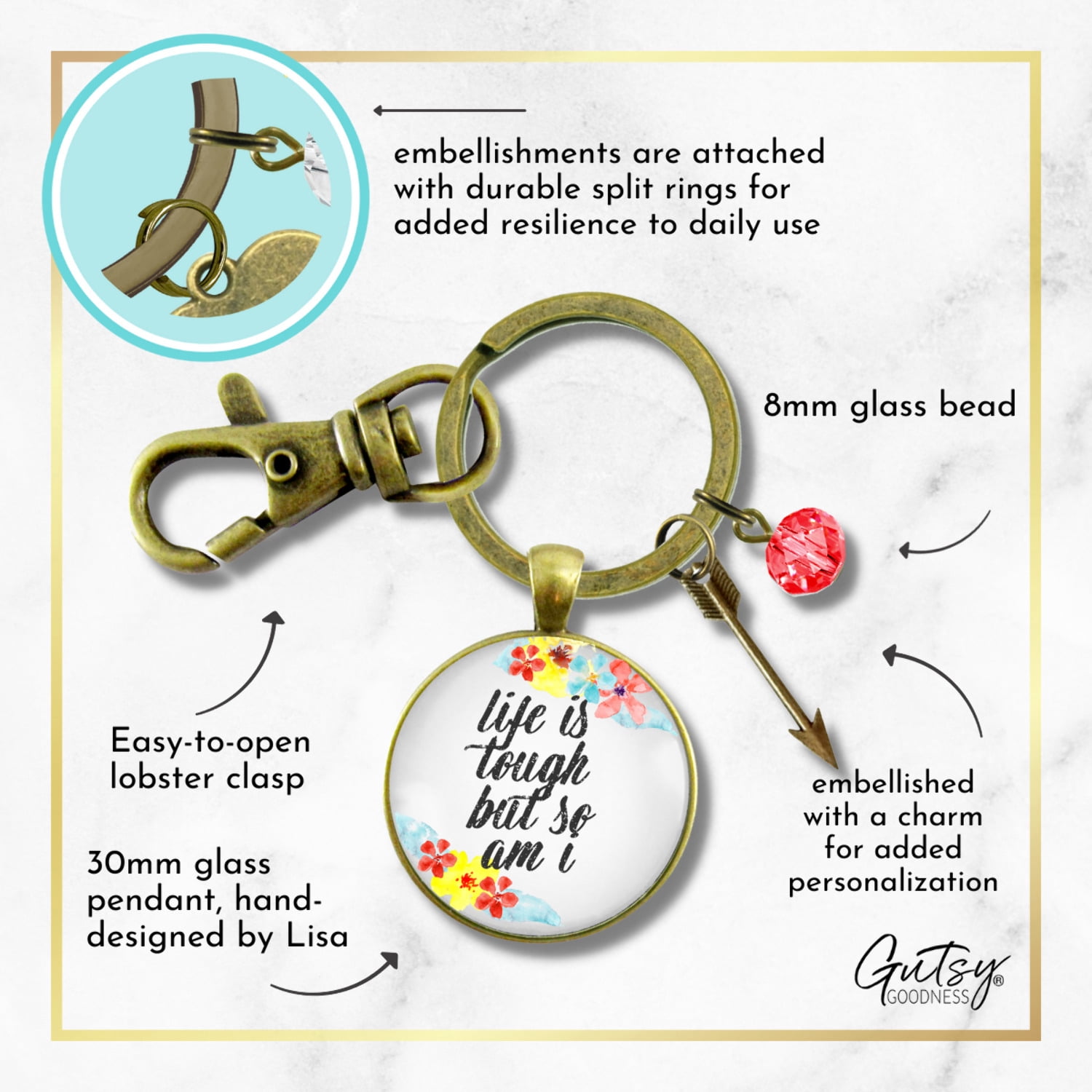 Survivor Gutsy Goodness Bronze Keychain Life Tough But So Am I Rustic Strength Jewelry Flower Arrow Charm