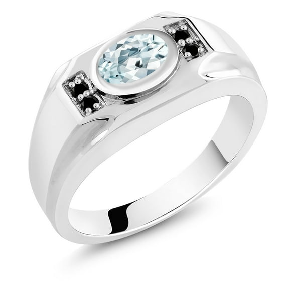 Gem Stone King Men's 925 Sterling Silver Sky Blue Aquamarine and Black Diamond Ring (1.33 Cttw, Gemstone March Birthstone, Oval 8X6MM,, Size 7)