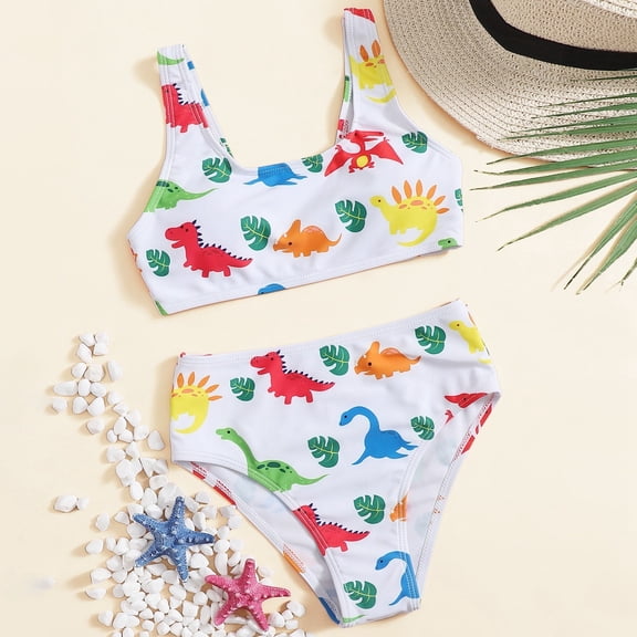 CUZIBR Baby Girl Swimsuits 2 Piece Bikini Sets Fashionable Cute Cartoon Dinosaur Print Casual Swimwear Breathable Soft Cozy Spring Summer Vacation Beachwear Bathing Suits ,White,5-6 Years