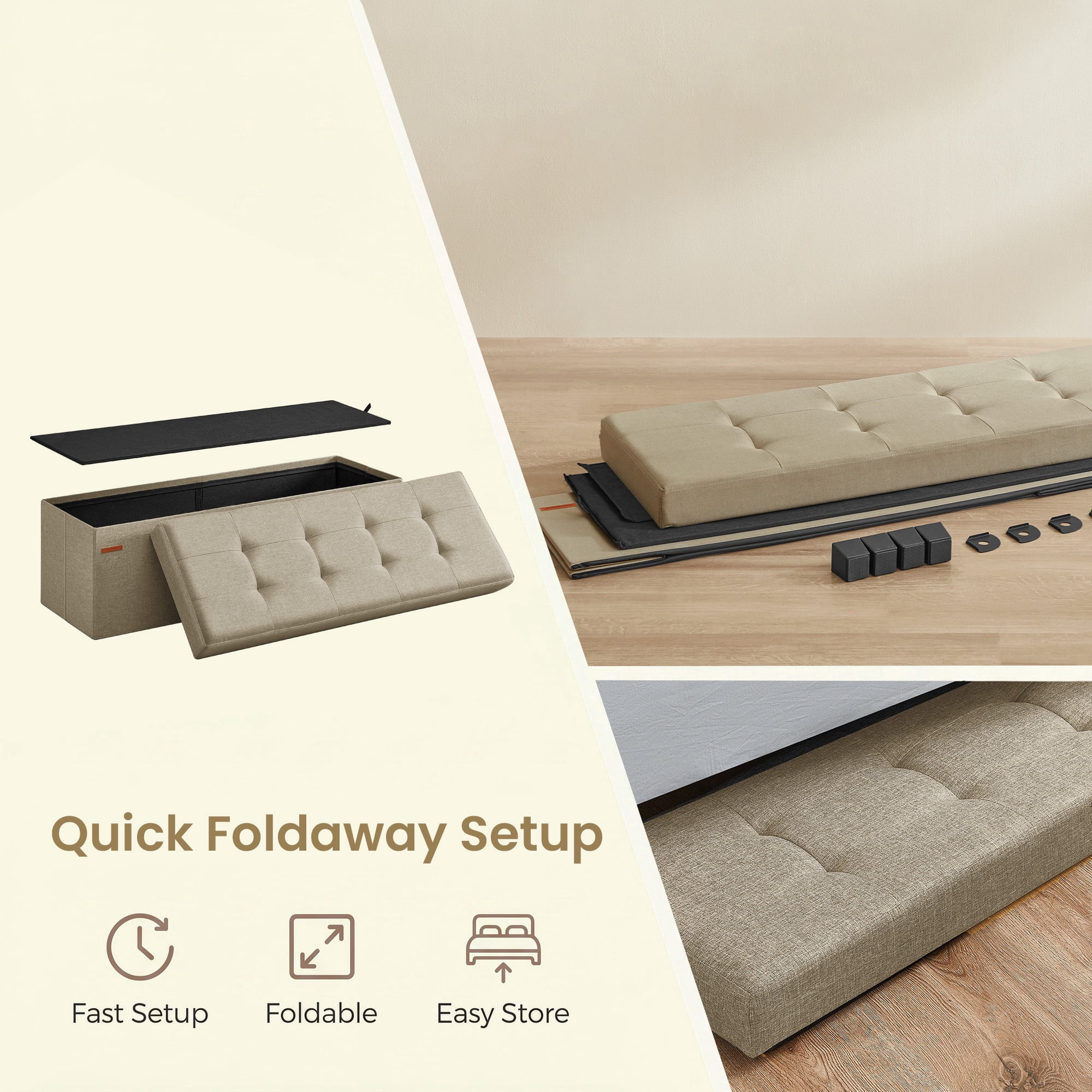 Ledrem Large Folding Storage Ottoman Bench with Footrest, Camel Brown