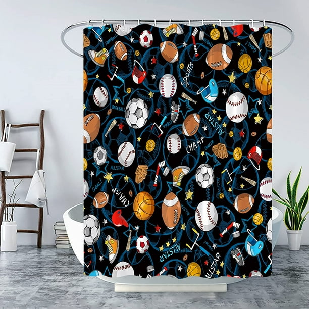 Sports Shower Curtain for Boys Teens Basketball Football Baseball