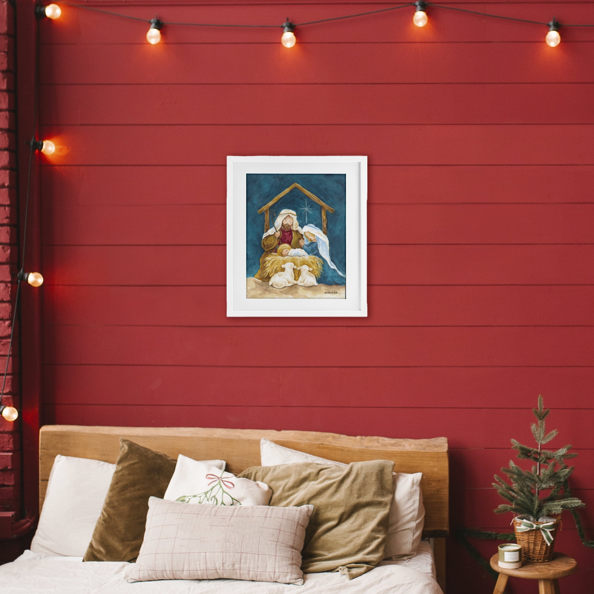 Comforting Nativity Painting White Framed Print Under Glass, design by Diane Kater
