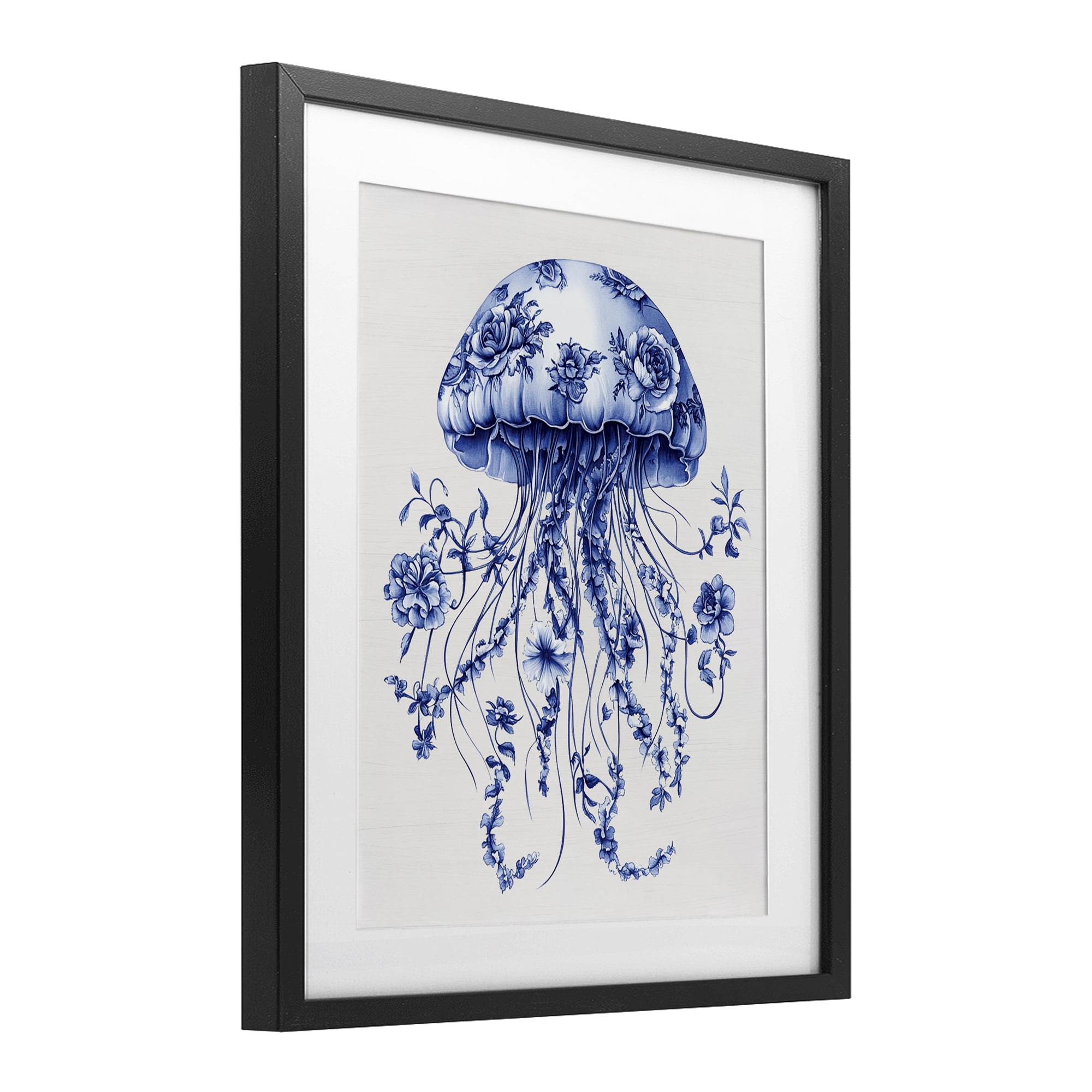 Funky Vintage Toile Jellyfish Black Framed Print Under Glass, design by Lettered and Lined