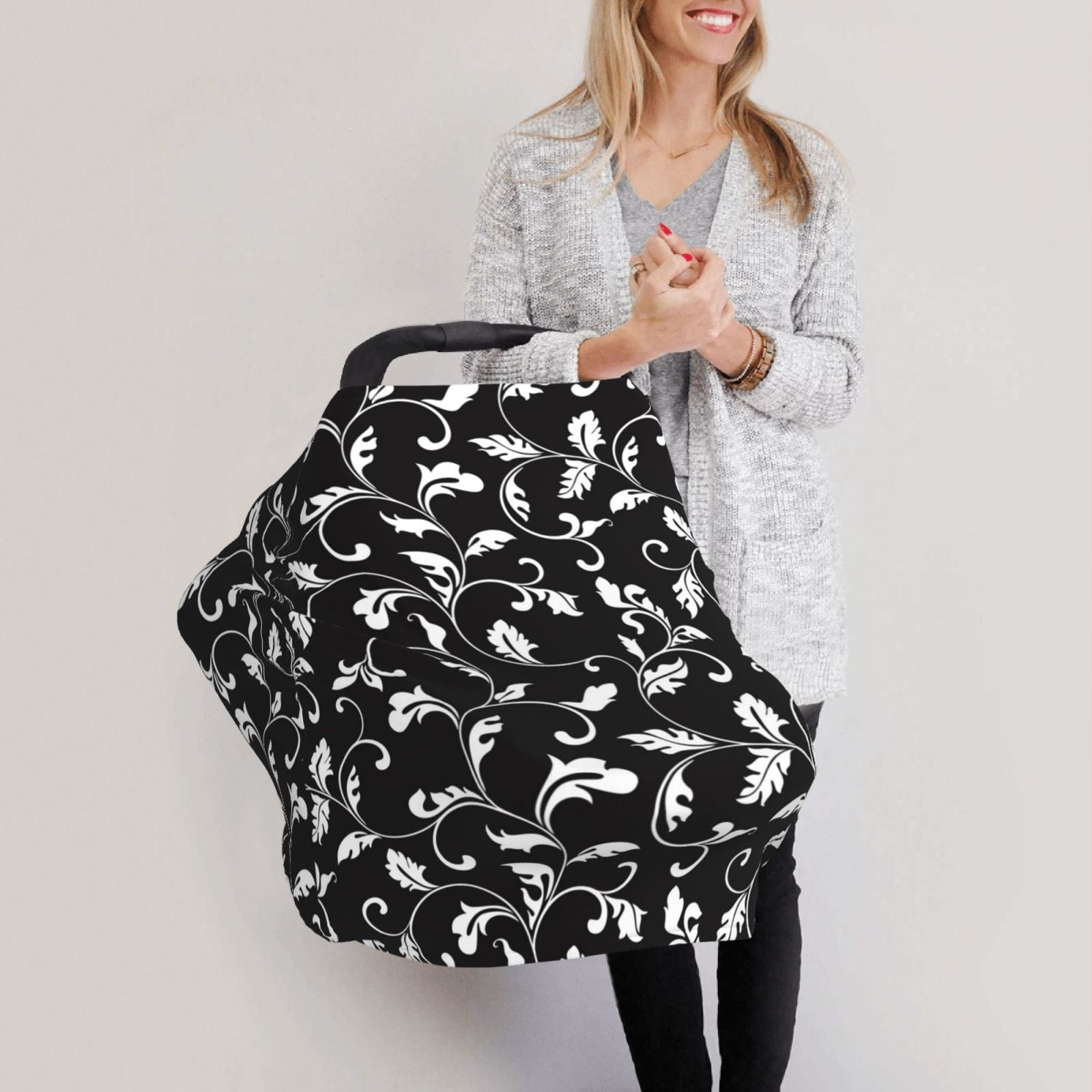 Fotbe Black White Leaves Pattern Car Seat Covers for Babies, Nursing Breastfeeding Cover Infant Carseat Canopy, Soft Stretchy Carrier Cover