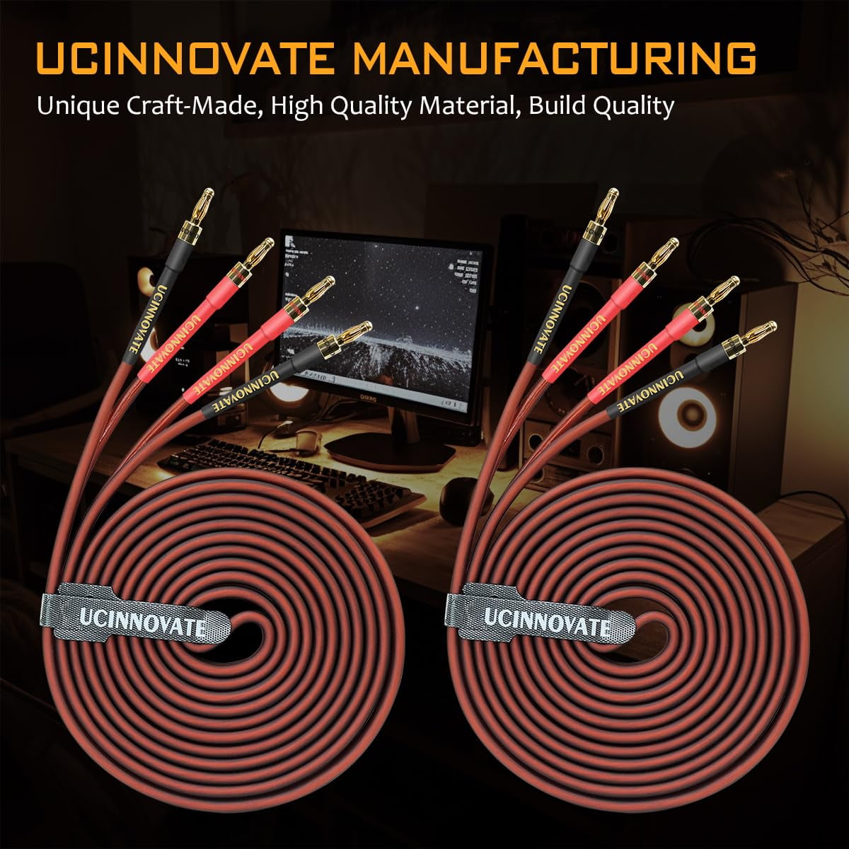 UCINNOVATE Speaker Cable with Banana Plugs, 2 Pack 9.8ft/3m 14 Gauge OFC Coaxial Speaker Wire with Gold-Plated Banana Plugs for Home Theater Amp Speakers