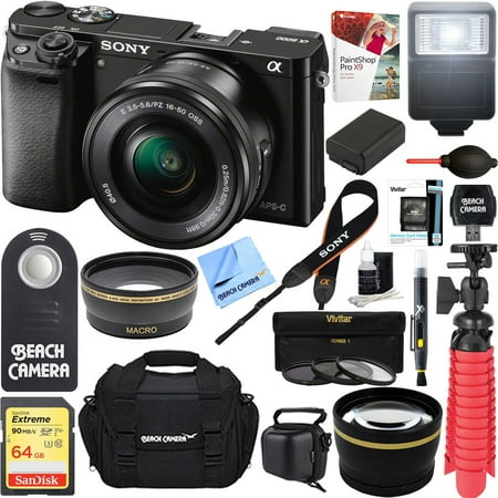 Sony Alpha a6000 24.3MP Wi-Fi Mirrorless Digital Camera + 16-50mm Lens Kit (Black) +64GB SD Card + DSLR Photo Bag + Extra Battery+Wide Angle Lens+2x Telephoto Lens+Flash+Remote+Tripod Executive (Best Lens For Street Photography Sony A6000)