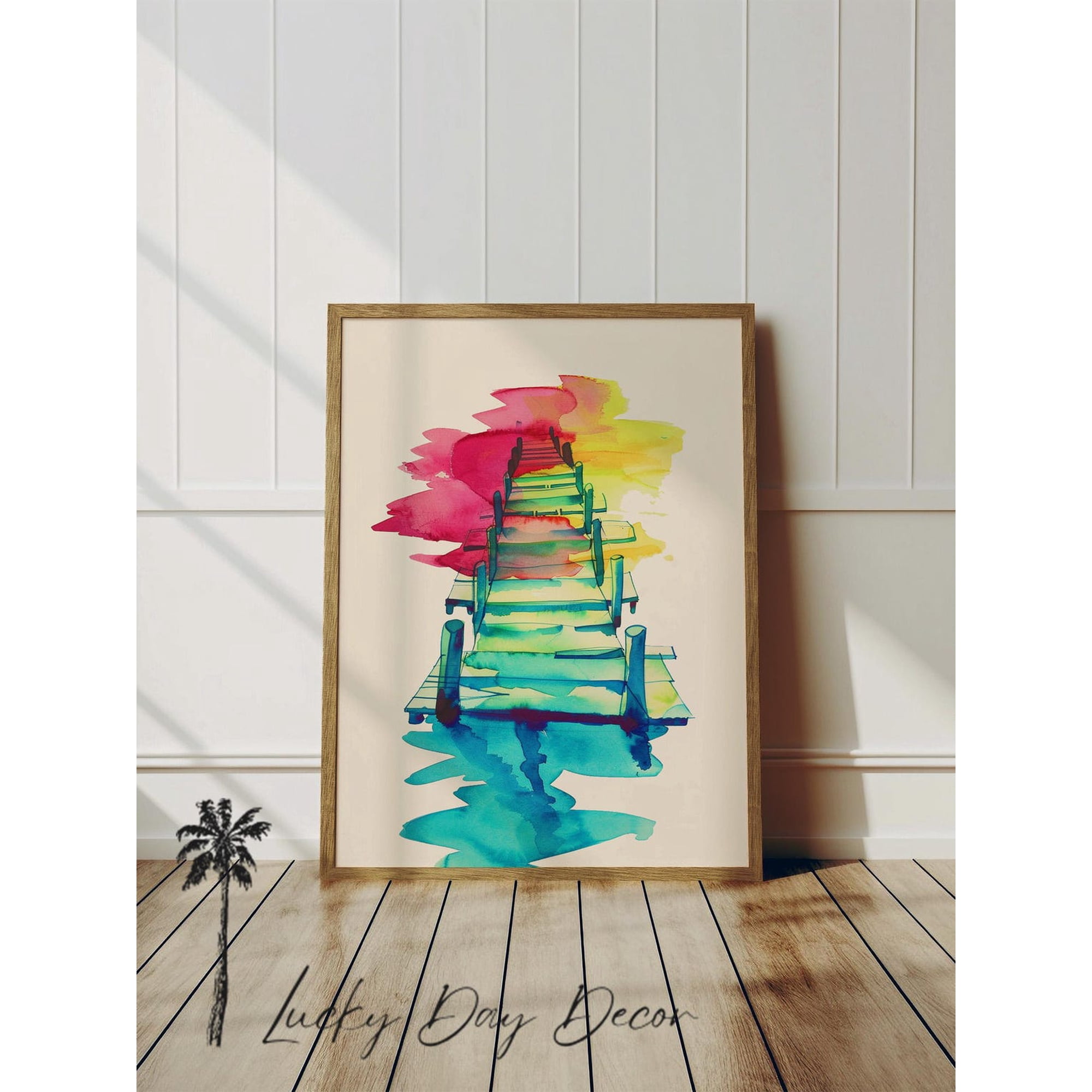 Sea Shores Wood Pier Vintage Retro Beach Inspired Oceanside Coastal Colorful House Wall Art Print