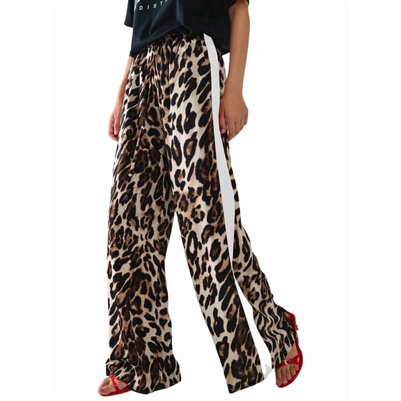 Women'S Cheetah Print Wide Leg Baggy Pants Y2k Side Loose Streetwear Trousers Brown & White L
