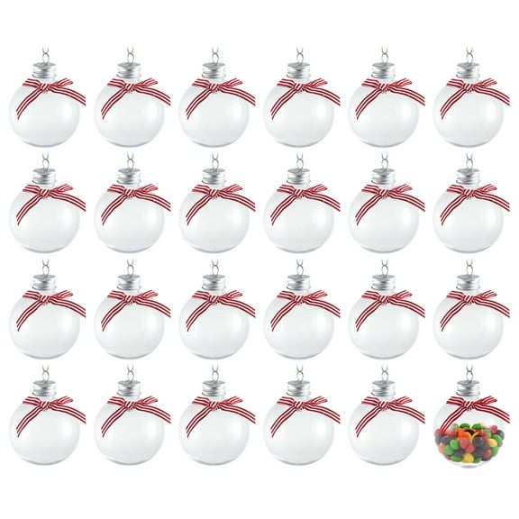 R N' D Toys Clear Fillable Ornaments Shatterproof Transparent Plastic Craft Ornament Balls Décor, Red, White Ribbon - DIY Christmas Sphere Pack of 24