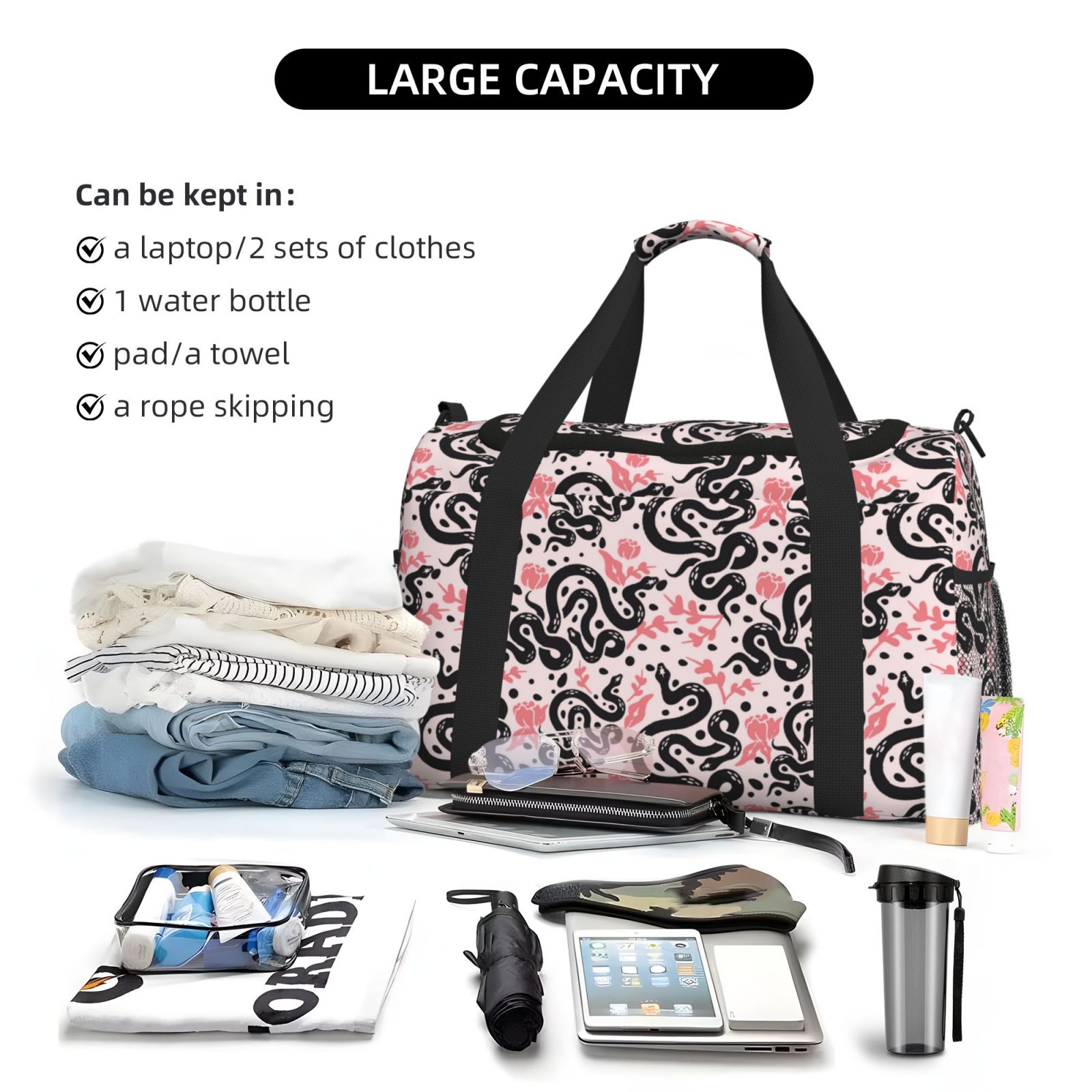 Fuzoiu Black Snake Print Travel Duffle Bag,Carry On Tote Bags,Duffel Bag,Sport Gym Bag, Hospital Bag for Labor and Delivery, Overnight Bag,Luggage Bag