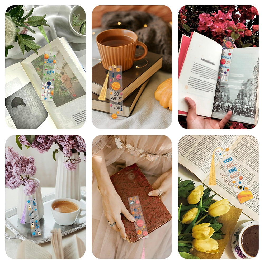 DIY Space Theme Mixed Pattern Paper Bookmarks Making Kits with Plastic Stickers Acrylic Bookmark Polyester Tassel Mixed Color for DIY