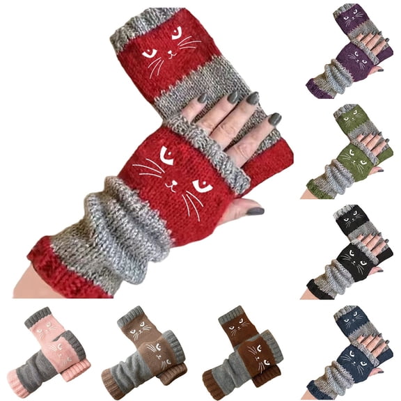 Women's Knitted Fingerless Gloves with Cute Cat Embroidery - Cat Embroidery Splicing Knitted Gloves, womens winter gloves warm,Thick Warm Winter Gloves,warm womens gloves (1Pcs丨Army Green)