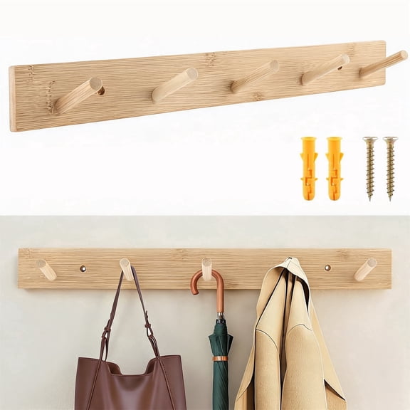 Wood Coat Rack Wall Mount, Artrylin 15 Inch Coat Hook Hanger Wooden Wall Coat Rack with 5 Hooks for Purse Clothes Towels Hats in Entryway Bedroom Bathroom, Natural